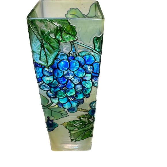 Hand Painted Grapes Vines Leaves Stained Glass Vase Joan Baker Designs 10" Tall - Picture 11 of 15